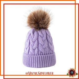 Toddler Hand Cable Knit Lavender Hat Faux Fur Pom